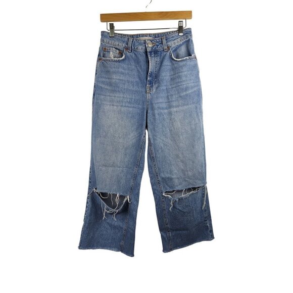 Topshop Denim - TopShop Womens Moto Denim Jeans Ankle Cropped Size 28 / 30 Wide Leg Distressed